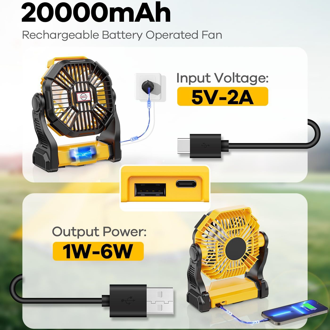 Lámpara Ventilador Portátil para Camping 10400mAh con Farol LED Recargable de 3 Velocidades