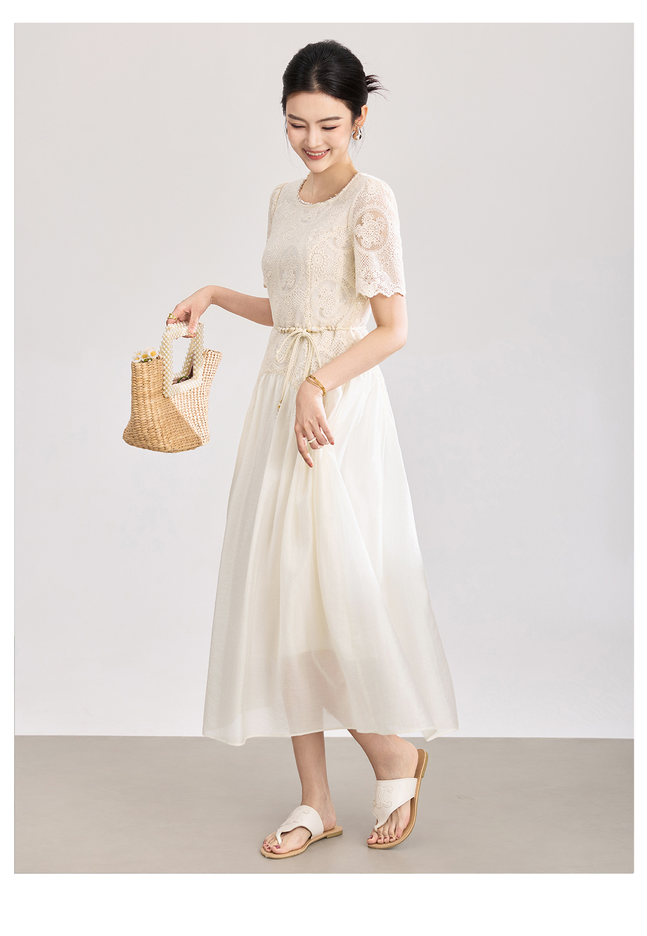 Đầm nữ tay ngắn thêu sequin cotton, thắt lưng eo phong cách Pháp — màu mơ chi tiết 11