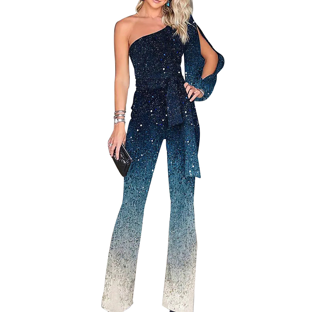 Damenbekleidung, Jumpsuit mit Farbverlauf und diagonalem Kragen, langärmelig, sexy, weite Beinhose_voghion.com