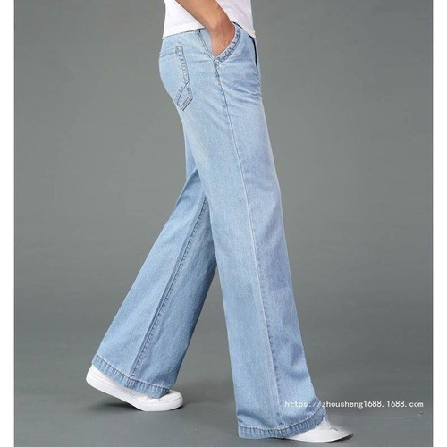Men's denim flared pants, spring/summer new style, men's wide-leg trousers with flared hems, loose-fitting, long, with thick legs.
