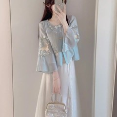 温柔风气质刺绣汉服上衣套装女春秋大码国风改良新中式旗袍连衣裙
