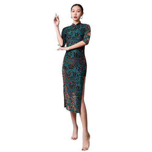 Modern dance classical dance performance practice clothes cheongsam style neutral collar five-quarter sleeves sexy high slit dance clothes