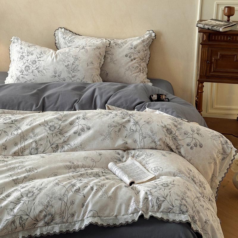 Nordic French Vintage Boho Maternity-grade French Vintage-style Brushed Four-piece Set, Thickened 100% Cotton Bed Sheet, Duvet Cover, And High-end_voghion.com