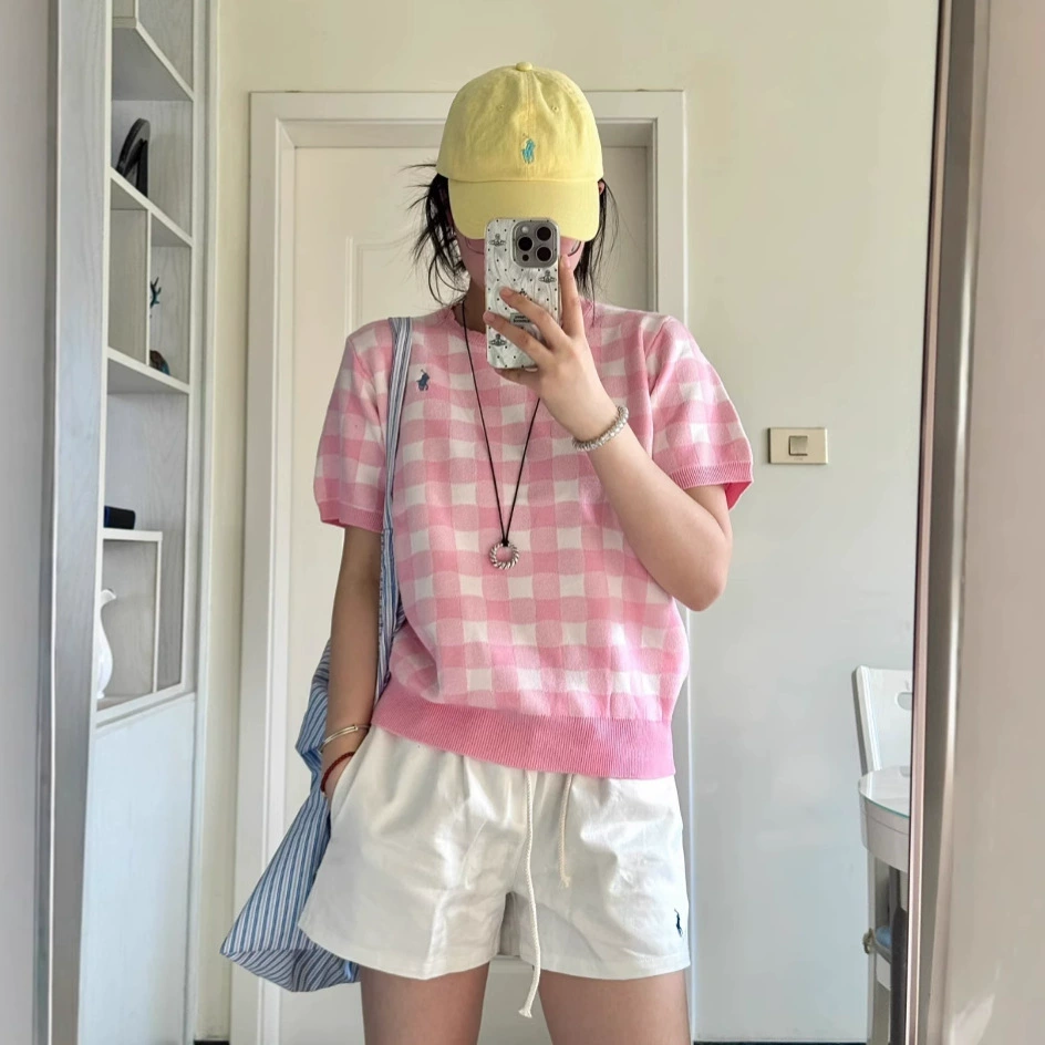 [Original Original Label Can Be Scanned] Rl Laff Knitted Plaid Round Neck Casual Pink Short-Sleeved Pony Logo for Women
