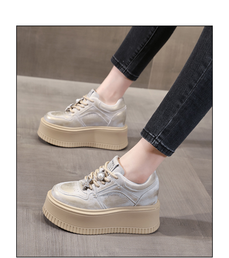 Giày sneaker nữ chunky đế dày phong cách retro đánh bóng màu be — Màu be chi tiết 14