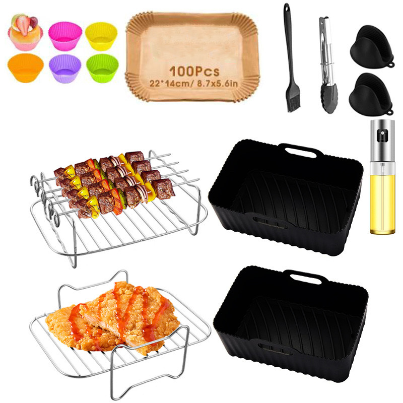 Transfronterizo Amazon 201 acero inoxidable de doble capa parrilla vapor en stock accesorios de freidora de aire rectangular Parrilla de barbacoa