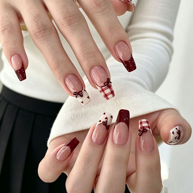 Red plaid bowknot, handmade press-on nails, wholesale, French-style high-end nail art, ready-made, whitening effect, and removable Red plaid bowknot, handmade press-on nails, wholesale, French-style high-end nail art, ready-made, whitening effect, and removable