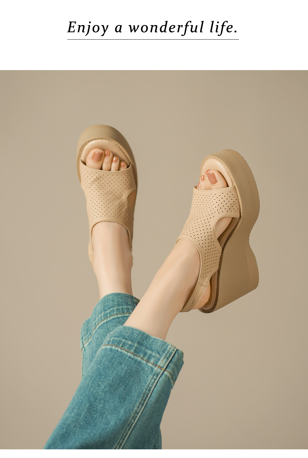 Sandal cao gót nữ hở mũi đế xuồng da cừu đục lỗ — màu trắng ngà chi tiết 8
