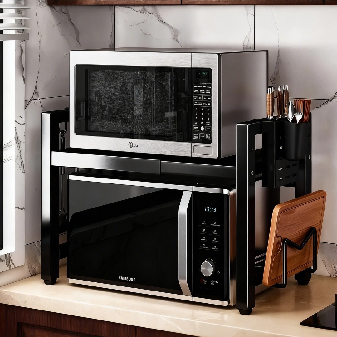 Estante de cocina para microondas de acero al carbono con espacio para condimentos