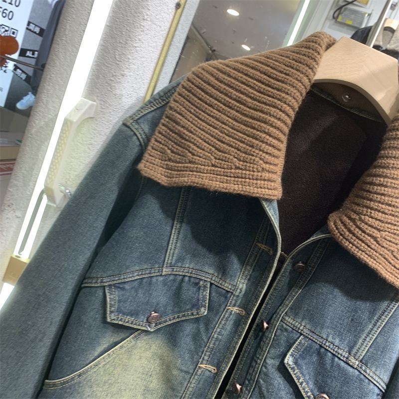 Damkläder Plyschjeansjacka damkorta toppar retrostickad liten tjock jacka_voghion.com