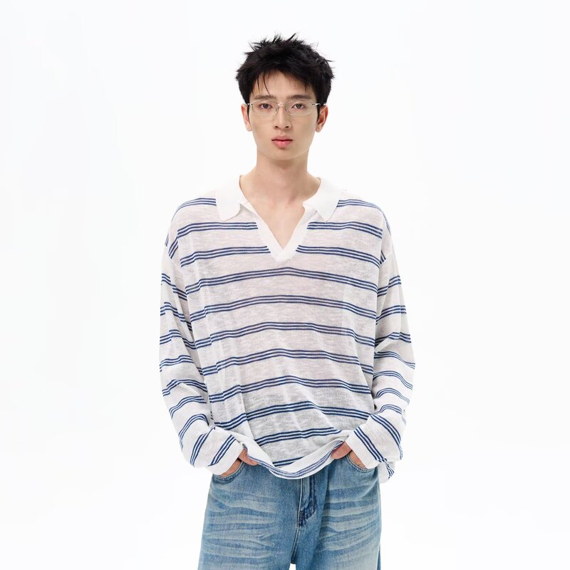 American Retro V-Neck Color-Block Horizontal Stripe Polo Shirt for Men, Early Autumn Loose Thin Long-Sleeve T-Shirt, Sun-Protective Top, Trendy