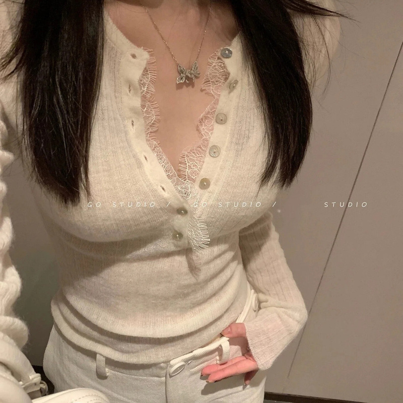 Wool Slightly See-Through Pit Strip Knitwear Eyelash Lace Buttoned Long-Sleeved T-Shirt Pure Lust Top Off-White One Size Fits All