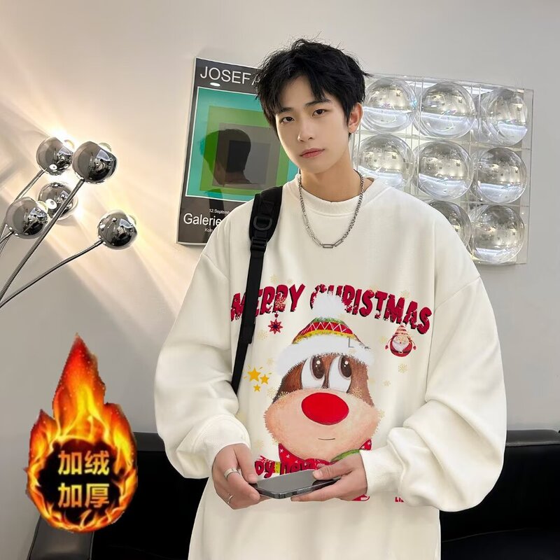 Heavyweight Christmas Sweatshirt for Men, Autumn and Winter, Fleece-Lined, American Trendy Brand, Red Crew Neck, Inner Wear, 2024 Year of the Snake New Model, Ins Heavyweight Christmas Sweatshirt for Men, Autumn and Winter, Fleece-Lined, American Trendy Brand, Red Crew Neck, Inner Wear, 2024 Year of the Snake New Model, Ins