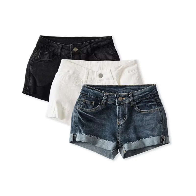 Cross-border Women's Clothing Low Belt Full Hip Pad Roll-up Denim Shorts Summer Hot Pants Hot Pants for Hot Peach Hip Wrap Hip