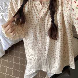 批发货源 纯棉睡衣女磨毛家居服圆领碎花长袖套装可外穿韩版秋冬