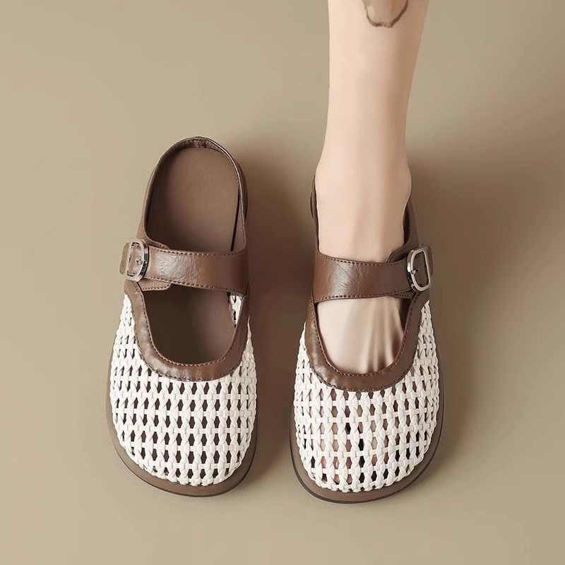 Duff Oguping para Baotou Semi-pantuflas mujeres de verano transpirable tejido con falda sandalias romanas