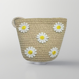 New Spring/Summer Girls' Straw Coin Purse Crossbody Bag Khaki Daisy Flowers