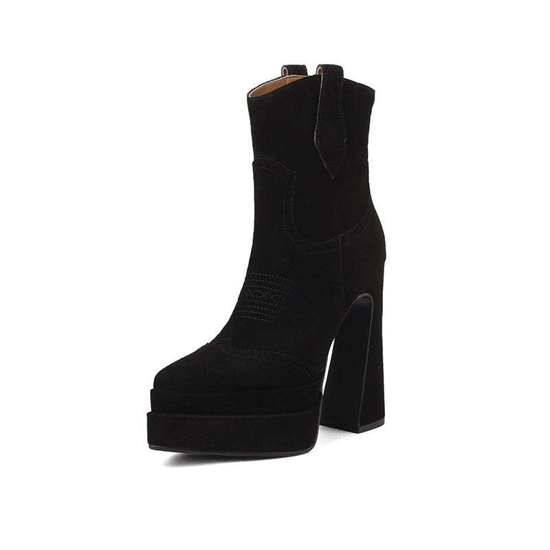 Boot nữ cổ thấp mũi nhọn gót vuông platform 14 cm da thật — Màu đen (lót nhung) chi tiết 10