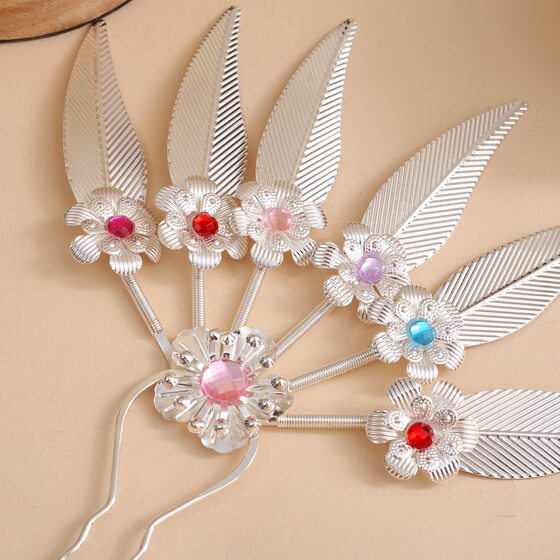 Ethnic Style Rhinestone Flower Leaf Hairpin Retro Dai Style Metal Leaf Hairpin Thailand Travel Hair Pin Accessories