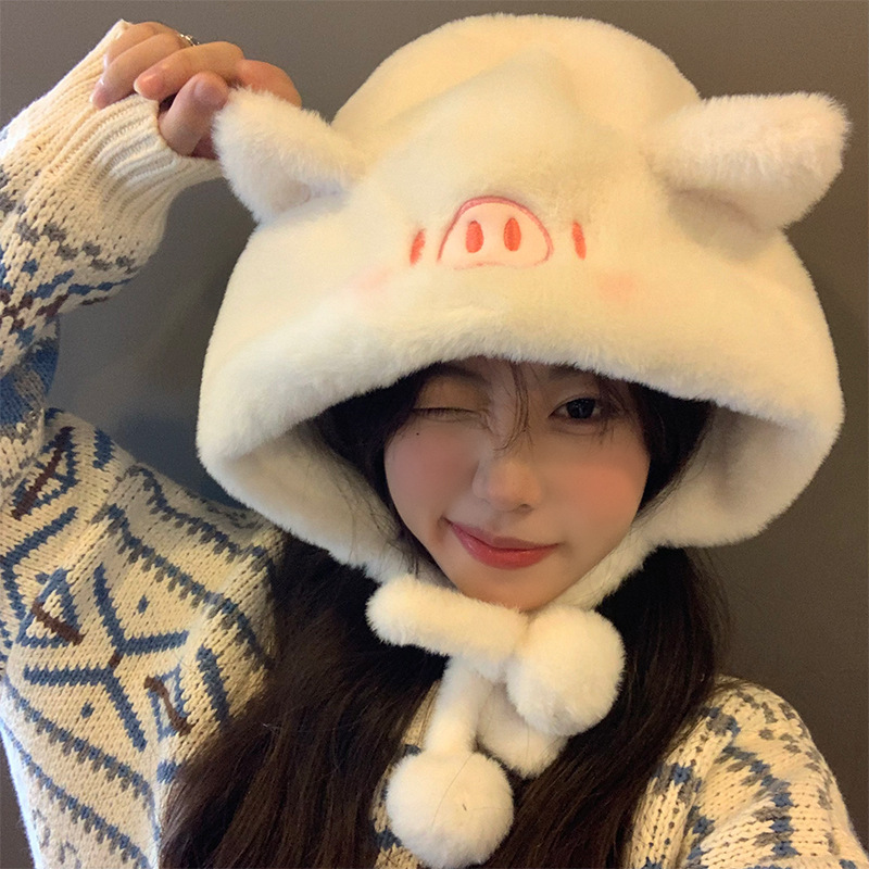 New Japanese Cute Powder Blusher Piglet Plush Hat Women's Warm Ear Protector in Autumn and Winter Lei Feng Hat Thickened Big Waist Hat_voghion.com