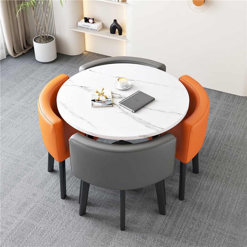 [Factory] 80 imitation white stone round table 2 orange 2 gray leather chairs