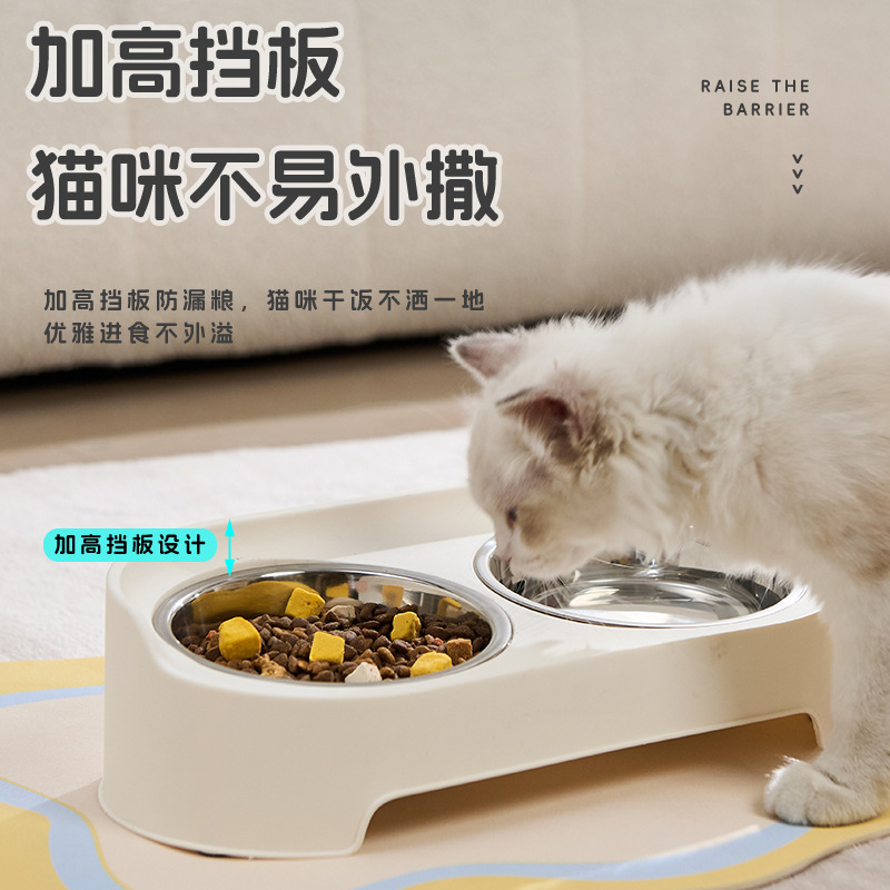 Tazón de acero inoxidable de doble boca, tazón de comida para gatos, tazón de arroz para gatos, tazón de agua potable, tazón de alimentos para mascotas de gran calibre, tazón de protección de cuello para perros