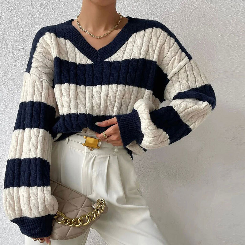 Women's Clothing autumn and winter sweater all match pullover V neck long sleeved twisted striped contrast color knitted sweater_voghion.com