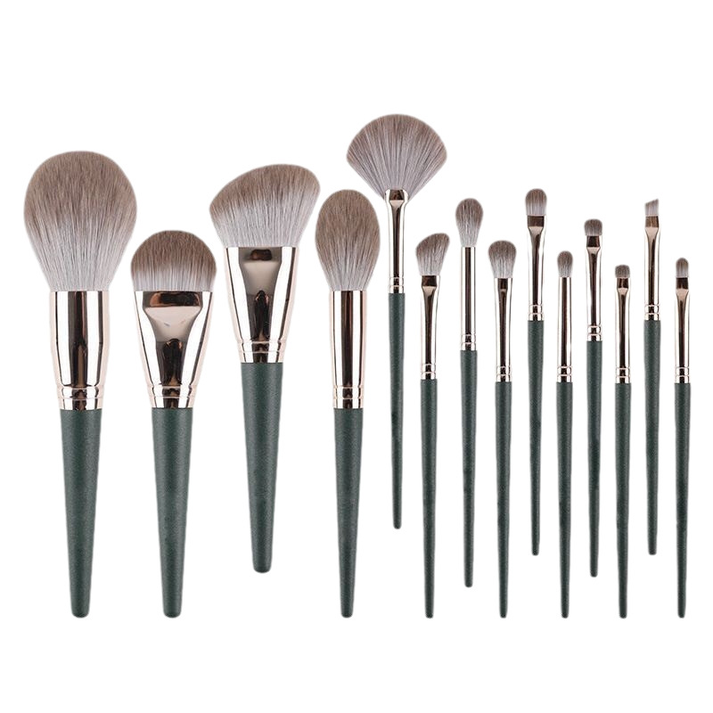 Nuevo set de brochas de maquillaje Green Cloud de 14 piezas, que incluye brochas para ojos, brochas para polvos sueltos y un juego completo de brochas de maquillaje para principiantes.