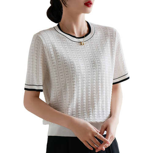 Knitted short-sleeved T-shirt for women in summer, simple style, round neck, contrasting color, loose hollow top, women's wholesale dropshipping