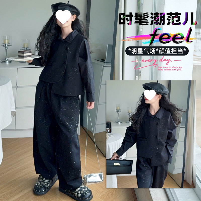 女童春秋套装2025三件套新款马甲儿童西装时髦阔腿裤女童香风洋气|undefined