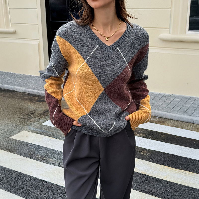 Kaikuo Cross-Border European and American Casual Simple Color-Blocking Knitted Long-Sleeve Sweater for Women 2025 Autumn and Winter Amazon Independent Site Kaikuo Cross-Border European and American Casual Simple Color-Blocking Knitted Long-Sleeve Sweater for Women 2025 Autumn and Winter Amazon Independent Site