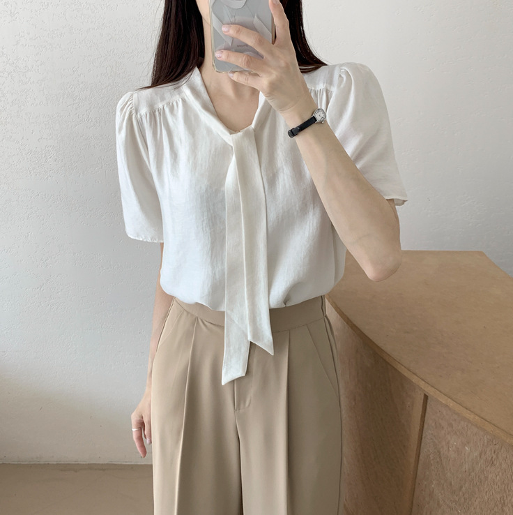 Korean Summer French-Style Gentle Wind Ribbon Design Reversible Loose Casual Puff Sleeve Shirt for Women