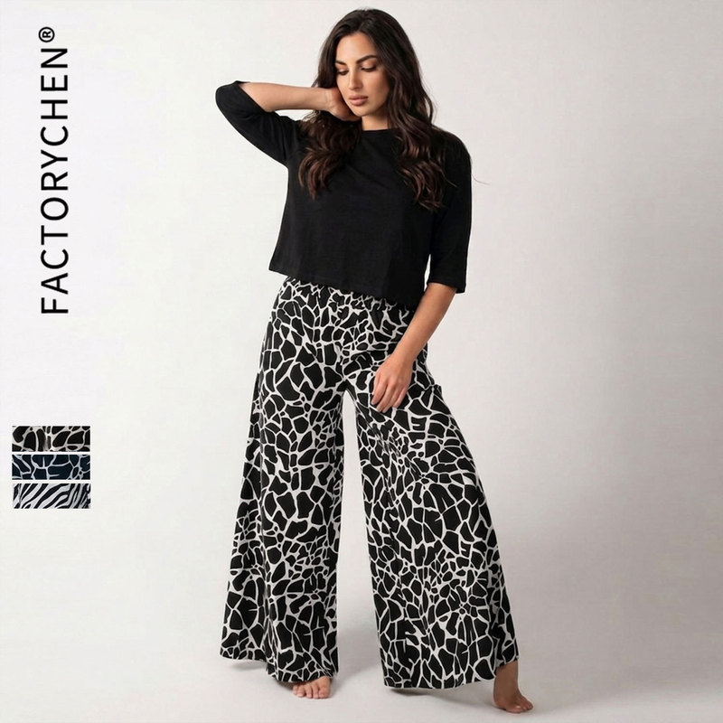 Cross-border fashion two-piece set: short round-neck short-sleeve women's pajamas, summer-autumn thin printed wide-leg long pants home wear Cross-border fashion two-piece set: short round-neck short-sleeve women's pajamas, summer-autumn thin printed wide-leg long pants home wear