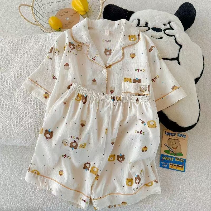 Comercio exterior de Vietnam verano nuevo estilo nube rebeca de algodón solapa dulce pijama de dibujos animados pantalones cortos de manga corta traje de servicio a domicilio para mujer