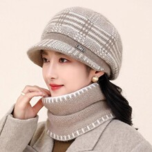 妈妈帽保暖洋气冬季百搭兔毛贝雷帽子防寒中老年人针织围脖毛线帽