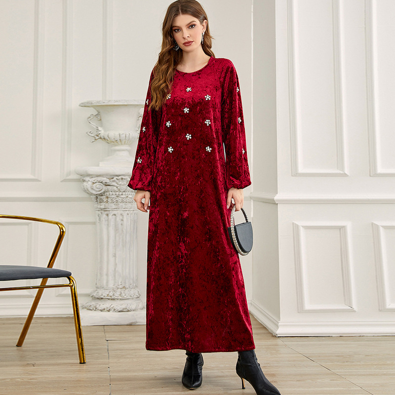 BA717 dark red velvet dress flowers rhinestone velvet dress