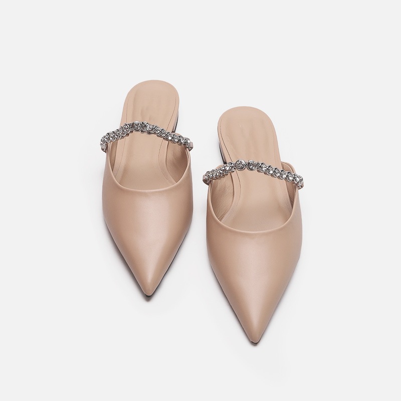 Spring/Summer New Gemstone Chain Pointed Toe Silver Shoes Women's Outerwear Closed Toe Half Slippers Slimming Flat Mules_voghion.com