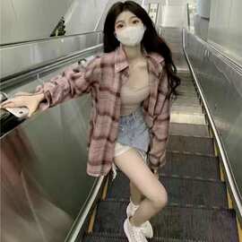 法式粉色格子衬衫女春秋新款慵懒风衬衣小个子美式复古外套上衣潮