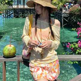 多巴胺甜美少女短裙比基尼四件套小胸分体长袖罩衫海边度假风泳衣