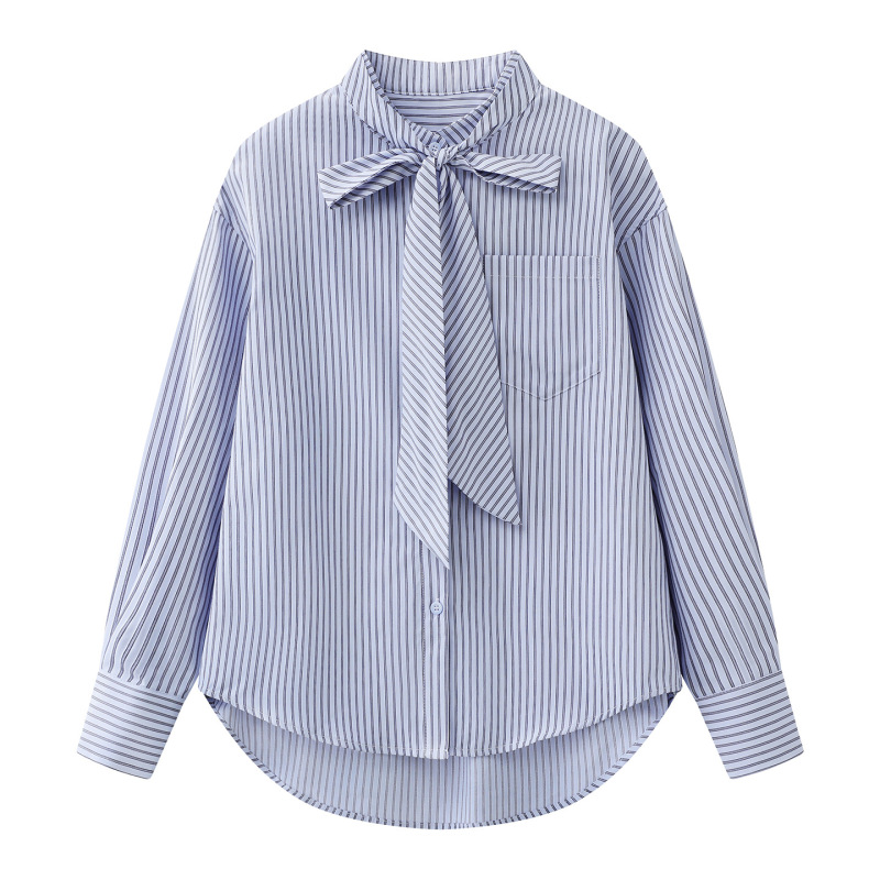 Ribbon Striped Shirt for Women 2026 Spring New Style Sassy Blue Commuter Shirt with Tie Blue Top C66C234 Ribbon Striped Shirt for Women 2026 Spring New Style Sassy Blue Commuter Shirt with Tie Blue Top C66C234