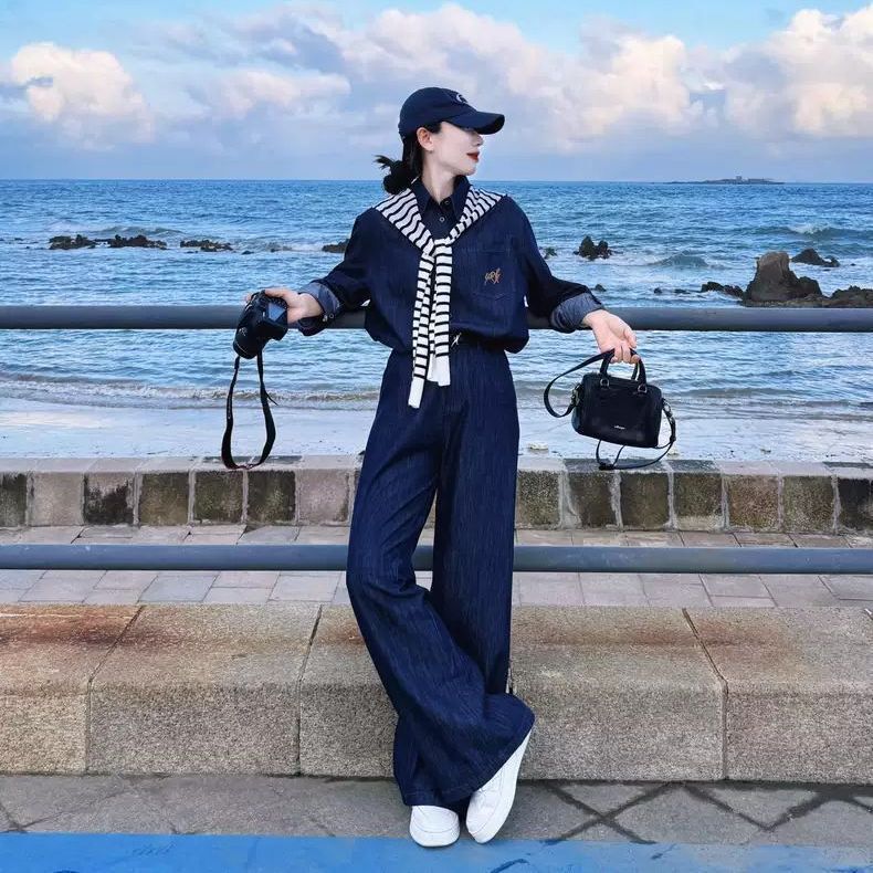 Trendy 025 New Set Korean Style Outfit Spicy Girl Denim Shirt Versatile High-Waisted Wide-Leg Pants Two-Piece Set Fashion Trendy 025 New Set Korean Style Outfit Spicy Girl Denim Shirt Versatile High-Waisted Wide-Leg Pants Two-Piece Set Fashion