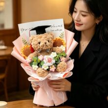 创意中高考向日葵毛线玫瑰花束可爱公仔熊玩偶手捧花儿童毕业礼物