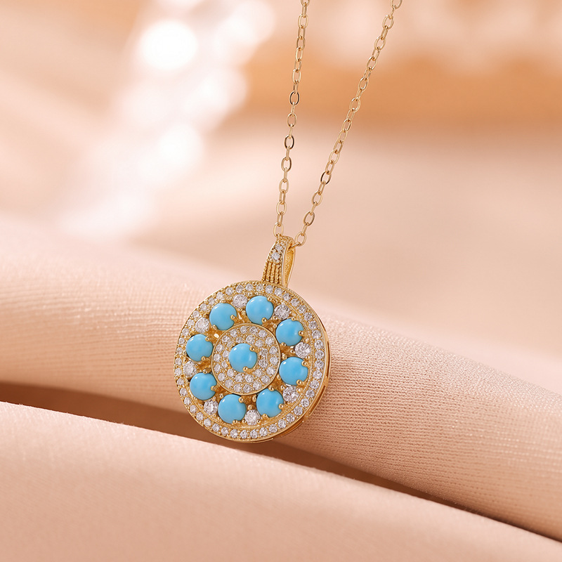 Mặt dây chuyền bạc S925 mạ vàng đá turquoise hình bát bảo la bàn phong cách tân trung hoa — Mẫu bạc - Mặt dây chuyền đơn (không kèm dây)
