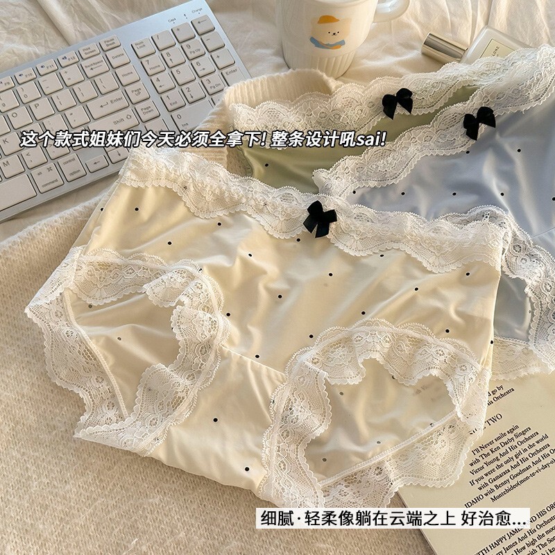 French Retro Style Lace-Trimmed Sexy Ice Silk Panties for Girls, Pure Cotton Crotch, Bowknot Polka Dot Briefs for Women