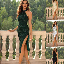 2025新款跨境女装挂脖露背连衣裙春秋高级感外贸亮片派对连衣裙