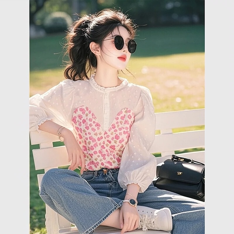 This year's popular explosions unique beautiful small shirt super good-looking design sense of foreign-style age-reducing pink printed velvet shirt