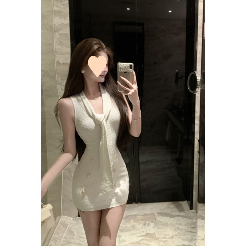 White Gold Luxury Chanel-Style Socialite Jacquard Dress with Ribbons, Summer Slim-Fit Sleeveless Dress White Gold Luxury Chanel-Style Socialite Jacquard Dress with Ribbons, Summer Slim-Fit Sleeveless Dress