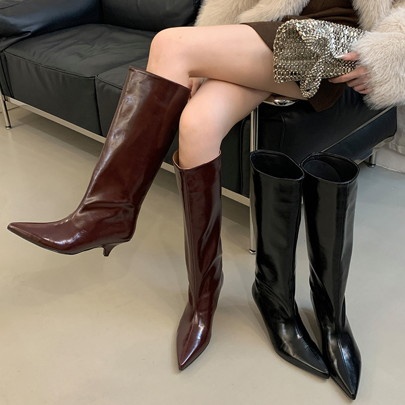 Elegant universal solid color high boots pointed-toe for work and…