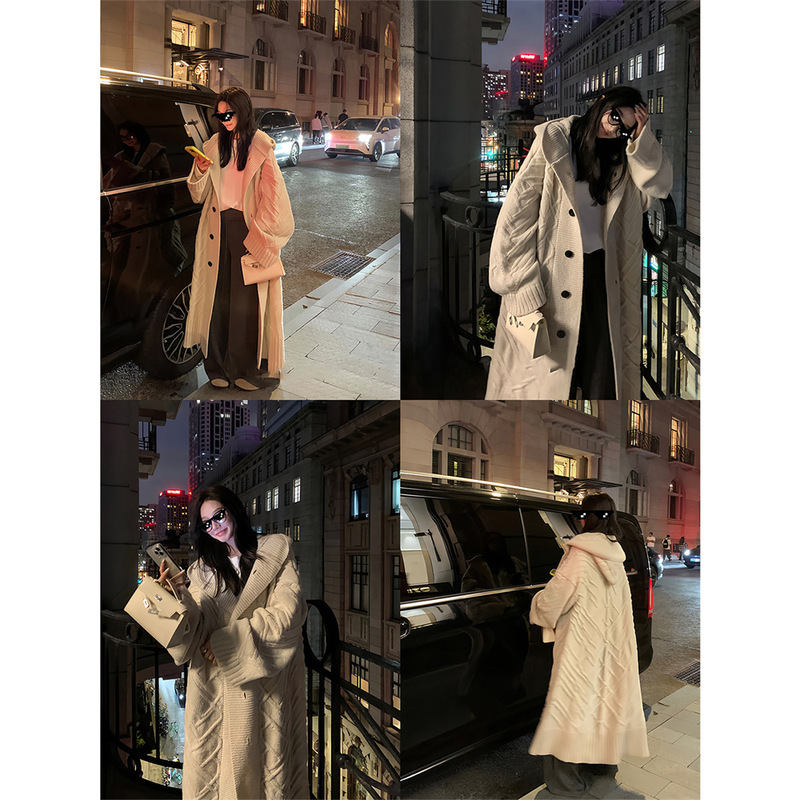 区区欧阳绞花连帽毛衣外套女冬季加厚宽松过膝中长款针织开衫大衣|undefined