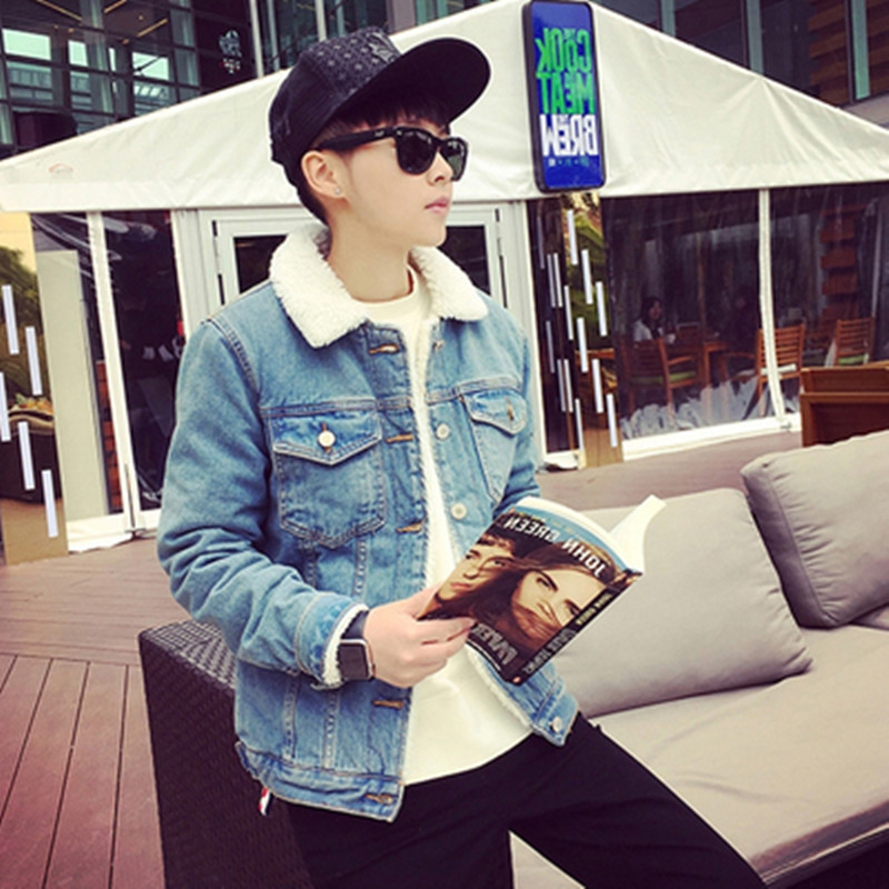 Men's winter thickened fleece-lined denim jacket, faux lamb's wool Korean style slim fit jacket, trendy cotton-padded top